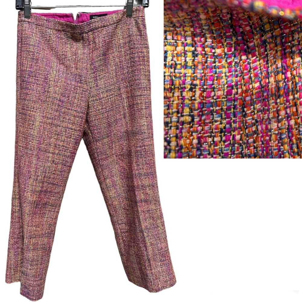 BCBG Max Azria Metallic Gold Pink Silk Tweed Cropped Capri Pants Size 2
